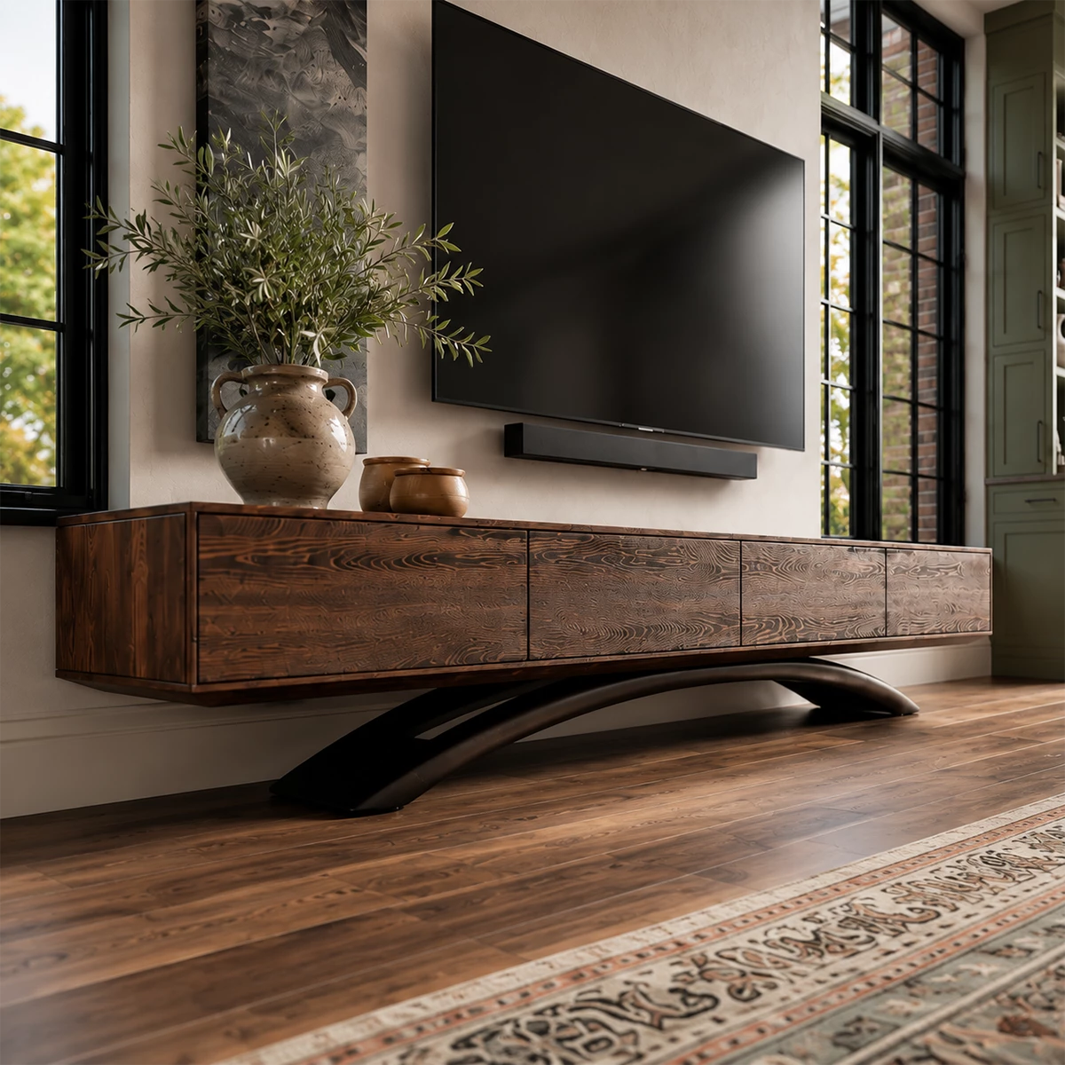 Natural Solid Wood TV Stand with Four Cabinets and Sculptural Crossed Base - Livewoodcraft - 6