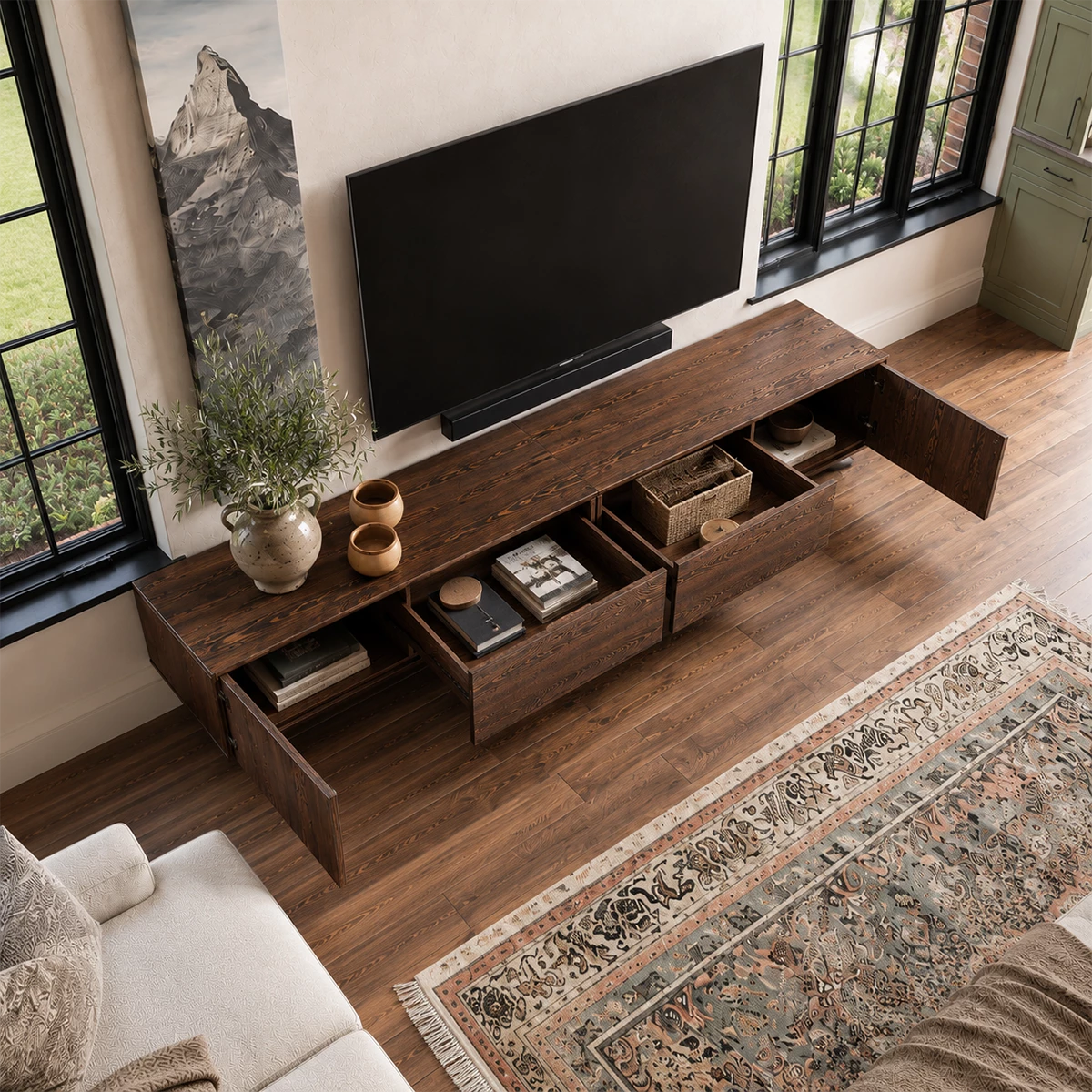 Natural Solid Wood TV Stand with Four Cabinets and Sculptural Crossed Base - Livewoodcraft - 7