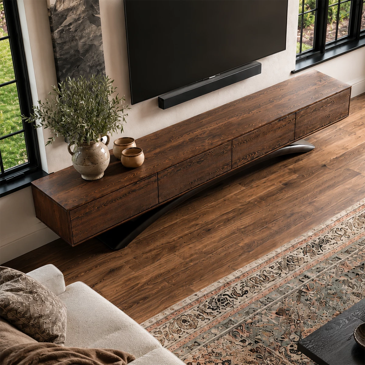 Natural Solid Wood TV Stand with Four Cabinets and Sculptural Crossed Base - Livewoodcraft - 8