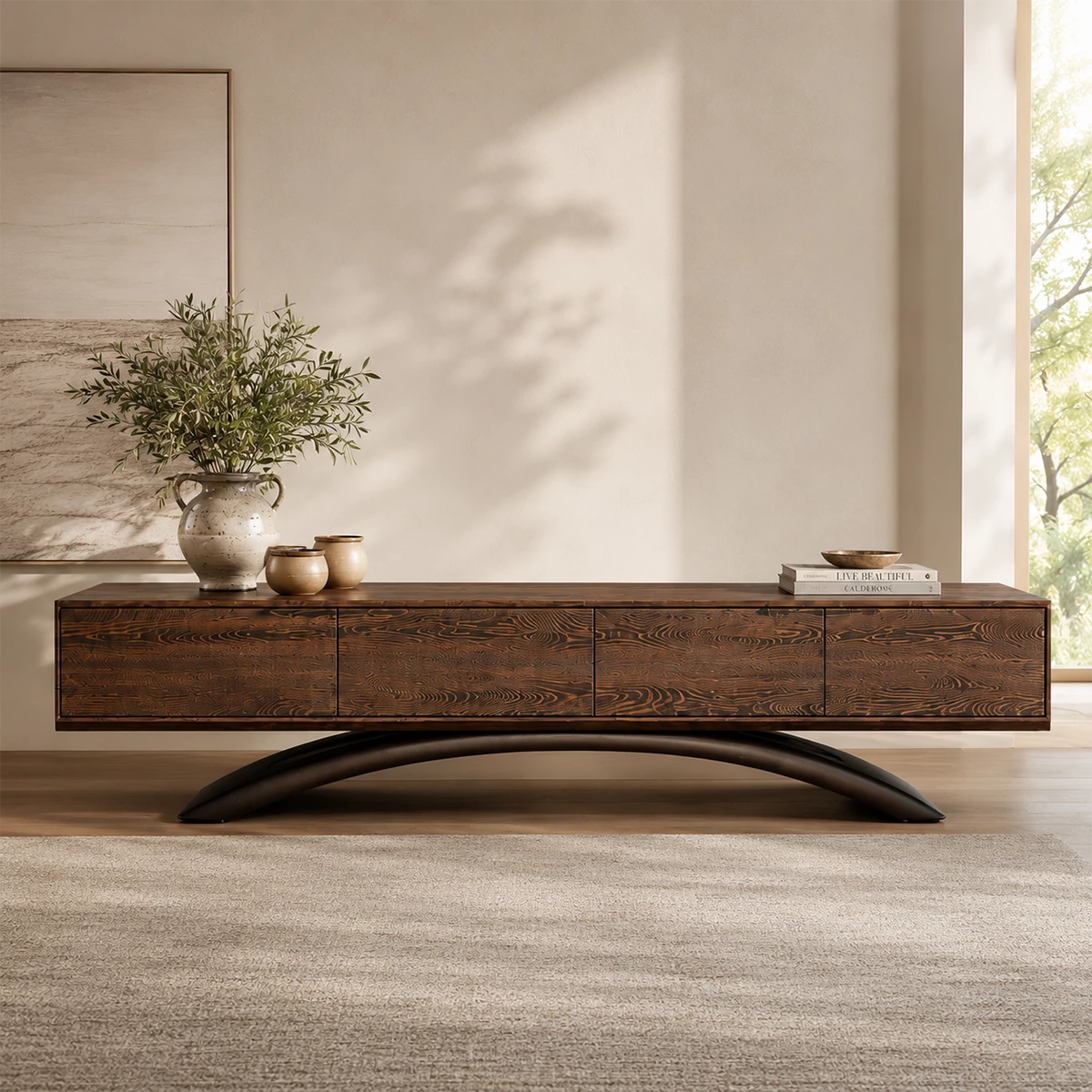 Natural Solid Wood TV Stand with Four Cabinets and Sculptural Crossed Base - Livewoodcraft