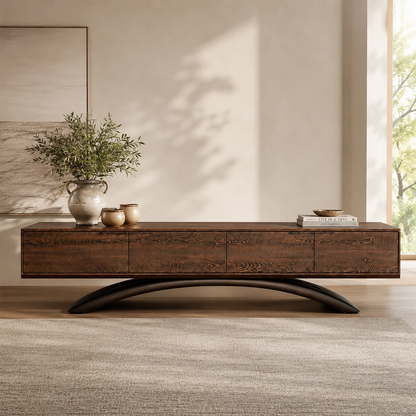 Natural Solid Wood TV Stand with Four Cabinets and Sculptural Crossed Base - Livewoodcraft