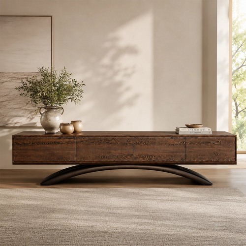 Natural Solid Wood TV Stand with Four Cabinets and Sculptural Crossed Base - Livewoodcraft