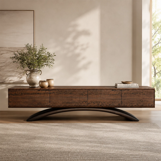 Natural Solid Wood TV Stand with Four Cabinets and Sculptural Crossed Base - Livewoodcraft