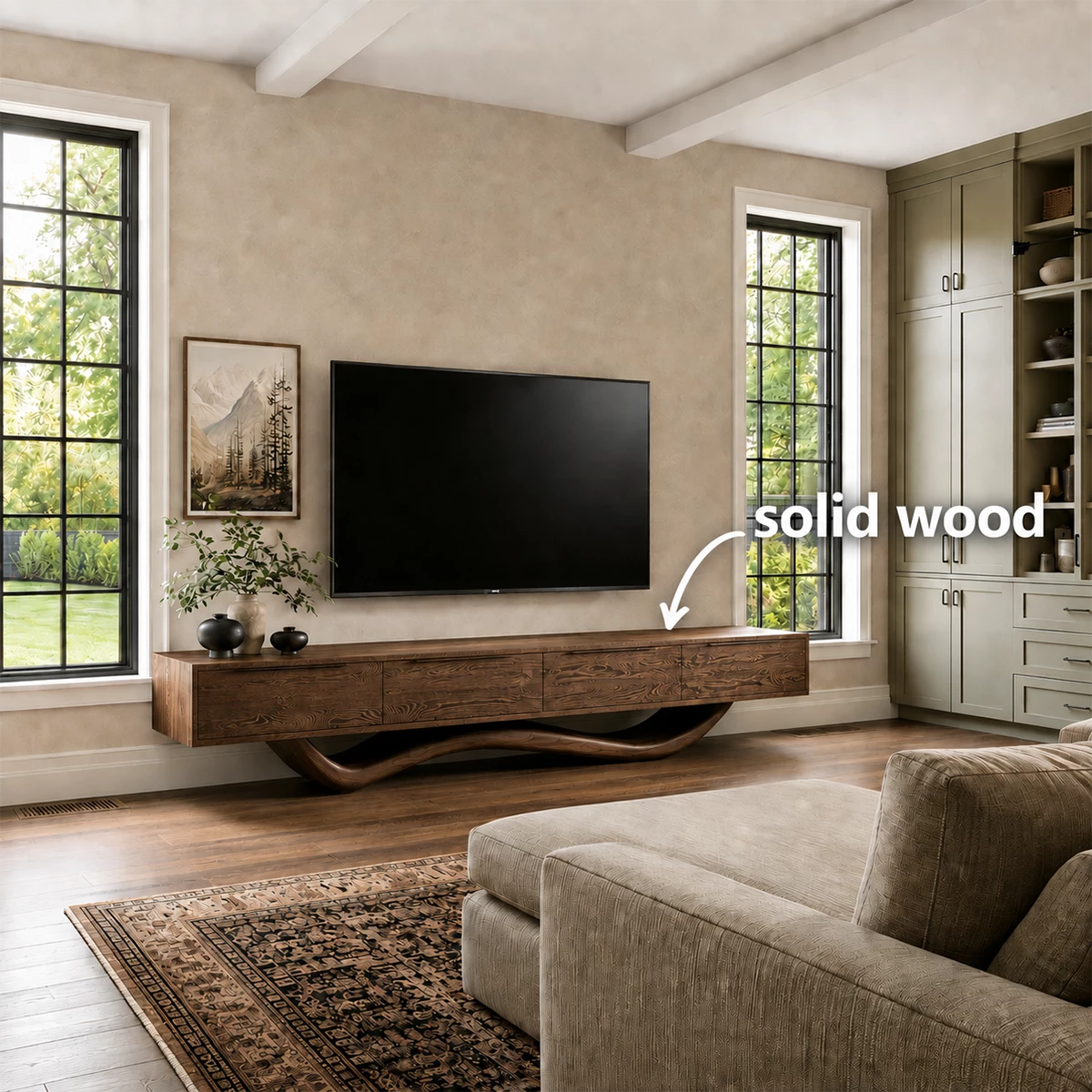 Natural Solid Wood TV Stand with Four Cabinets and Sculptural Wave Base - Livewoodcraft - 10