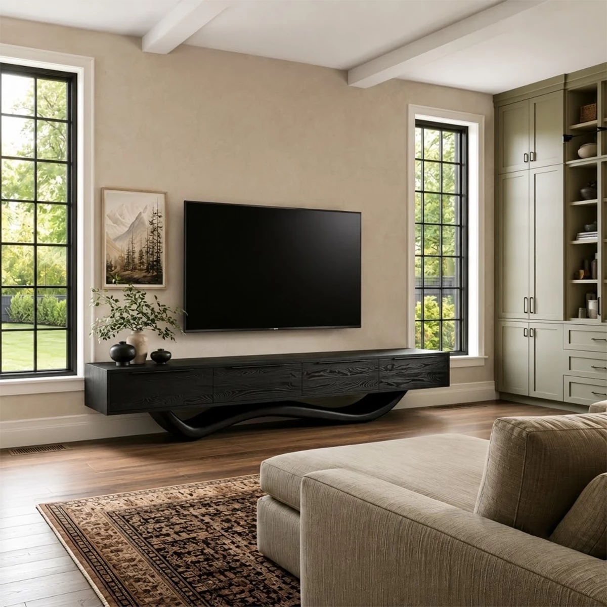 Natural Solid Wood TV Stand with Four Cabinets and Sculptural Wave Base - Livewoodcraft - 2
