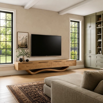 Natural Solid Wood TV Stand with Four Cabinets and Sculptural Wave Base - Livewoodcraft - 3