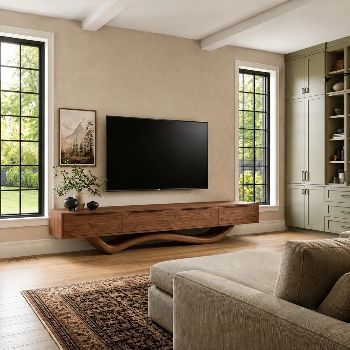 Natural Solid Wood TV Stand with Four Cabinets and Sculptural Wave Base - Livewoodcraft - 4