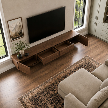 Natural Solid Wood TV Stand with Four Cabinets and Sculptural Wave Base - Livewoodcraft - 6