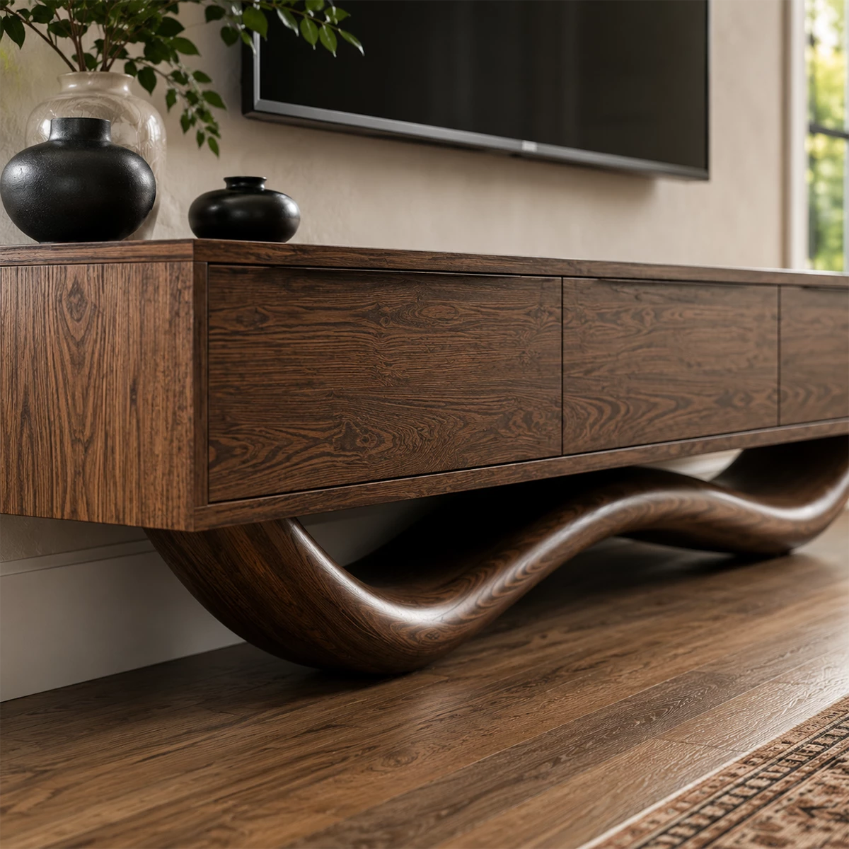 Natural Solid Wood TV Stand with Four Cabinets and Sculptural Wave Base - Livewoodcraft - 7