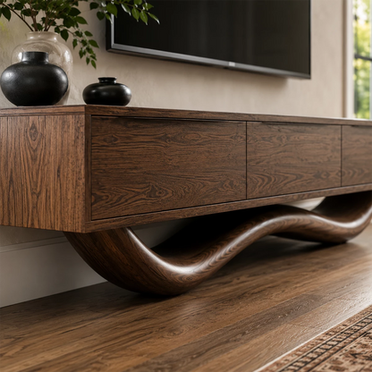 Natural Solid Wood TV Stand with Four Cabinets and Sculptural Wave Base - Livewoodcraft - 7