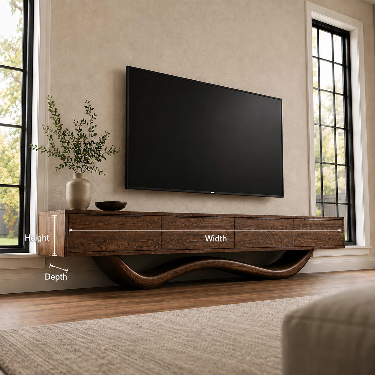 Natural Solid Wood TV Stand with Four Cabinets and Sculptural Wave Base - Livewoodcraft - 9