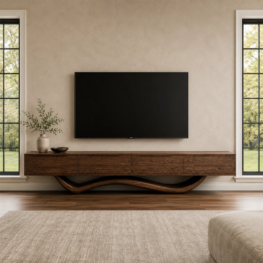 Natural Solid Wood TV Stand with Four Cabinets and Sculptural Wave Base - Livewoodcraft