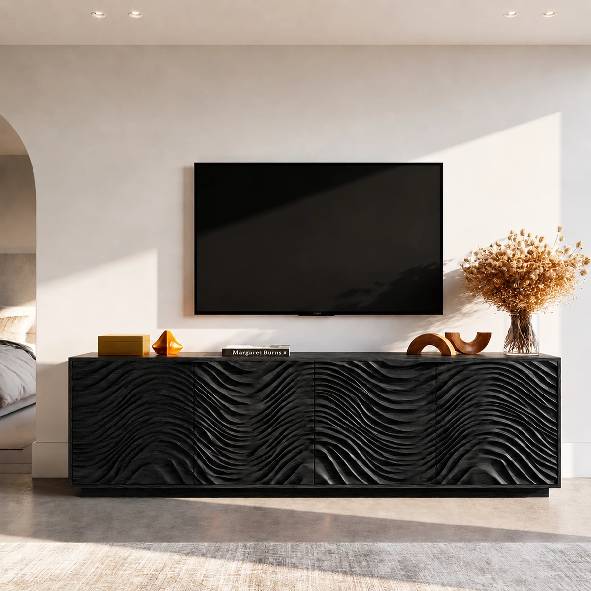 Natural Solid Wood TV Stand with Four Carved Doors and Wave Front Design - Livewoodcraft - 2