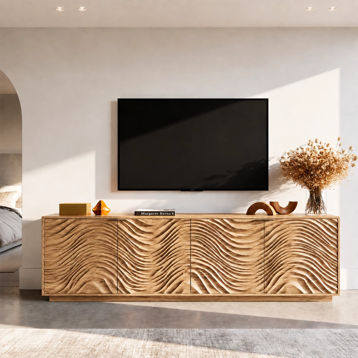 Natural Solid Wood TV Stand with Four Carved Doors and Wave Front Design - Livewoodcraft - 3