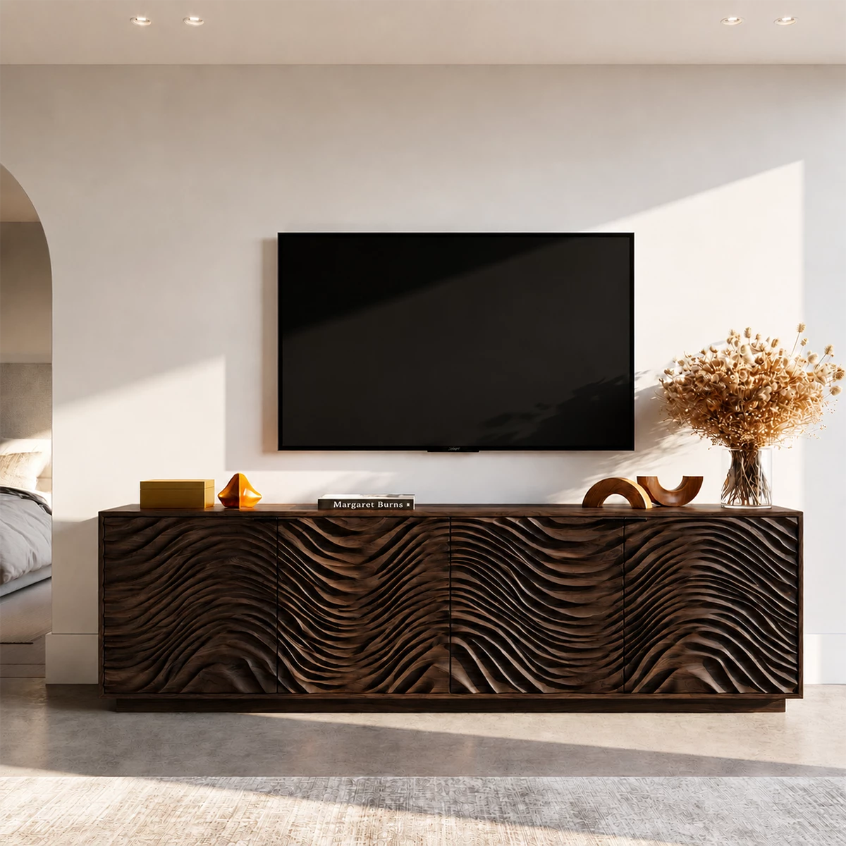 Natural Solid Wood TV Stand with Four Carved Doors and Wave Front Design - Livewoodcraft - 4