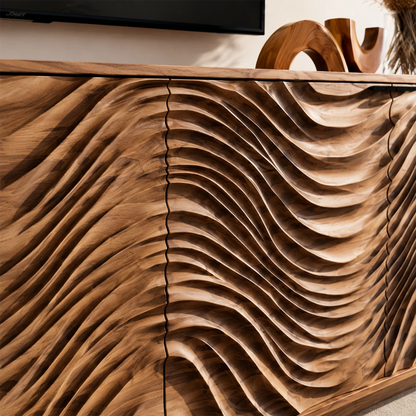 Natural Solid Wood TV Stand with Four Carved Doors and Wave Front Design - Livewoodcraft - 5