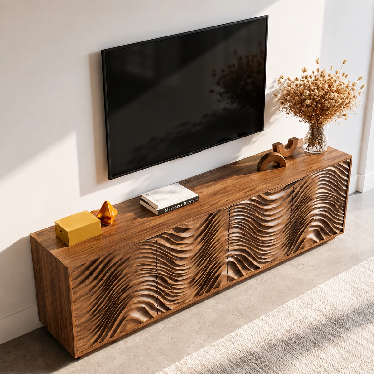 Natural Solid Wood TV Stand with Four Carved Doors and Wave Front Design - Livewoodcraft - 6