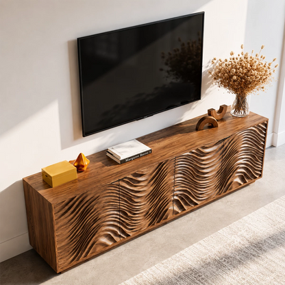 Natural Solid Wood TV Stand with Four Carved Doors and Wave Front Design - Livewoodcraft - 6