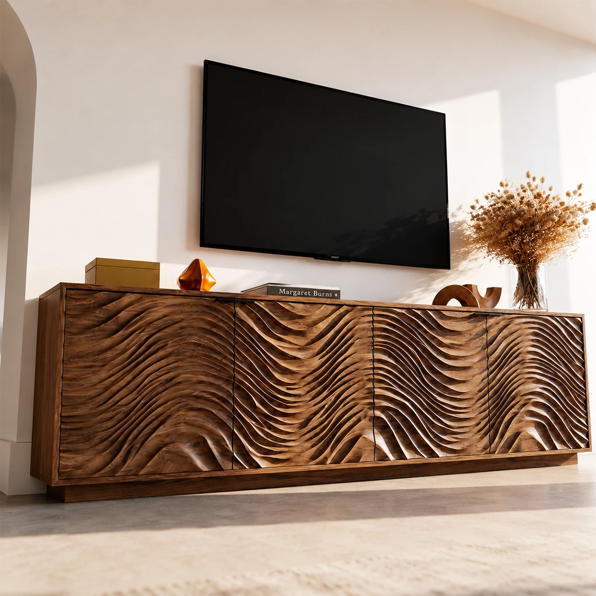Natural Solid Wood TV Stand with Four Carved Doors and Wave Front Design - Livewoodcraft - 7