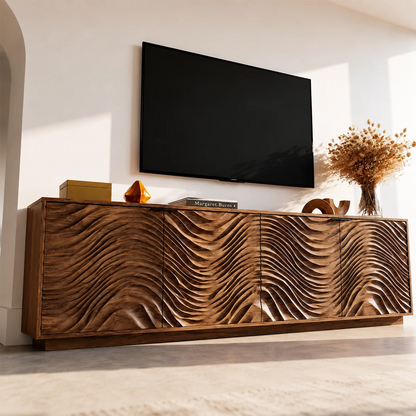 Natural Solid Wood TV Stand with Four Carved Doors and Wave Front Design - Livewoodcraft - 7