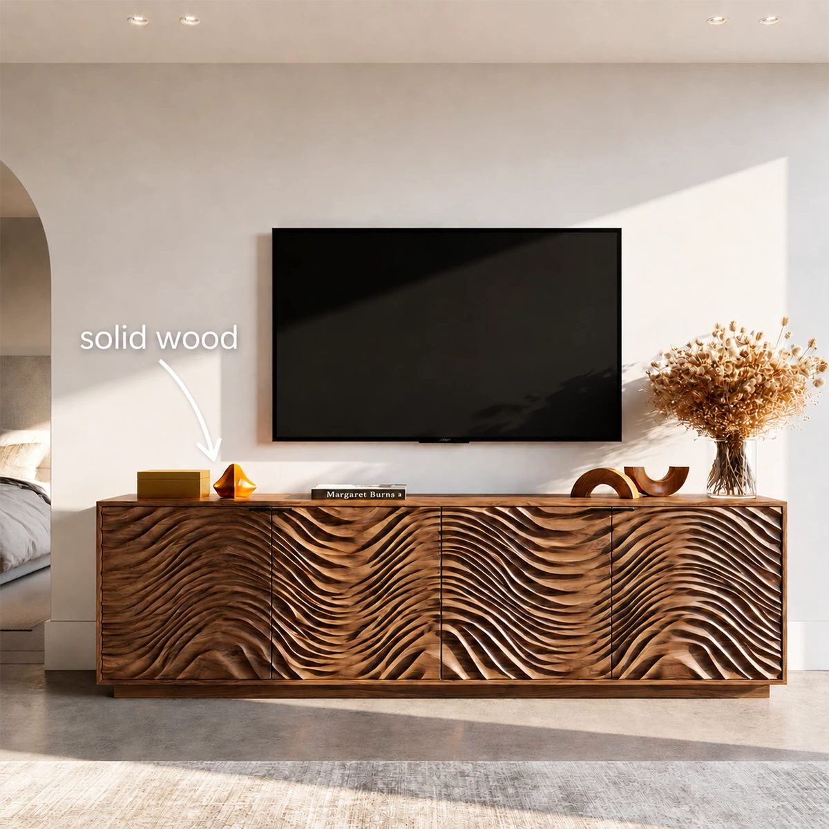 Natural Solid Wood TV Stand with Four Carved Doors and Wave Front Design - Livewoodcraft - 8