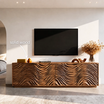 Natural Solid Wood TV Stand with Four Carved Doors and Wave Front Design - Livewoodcraft - 8
