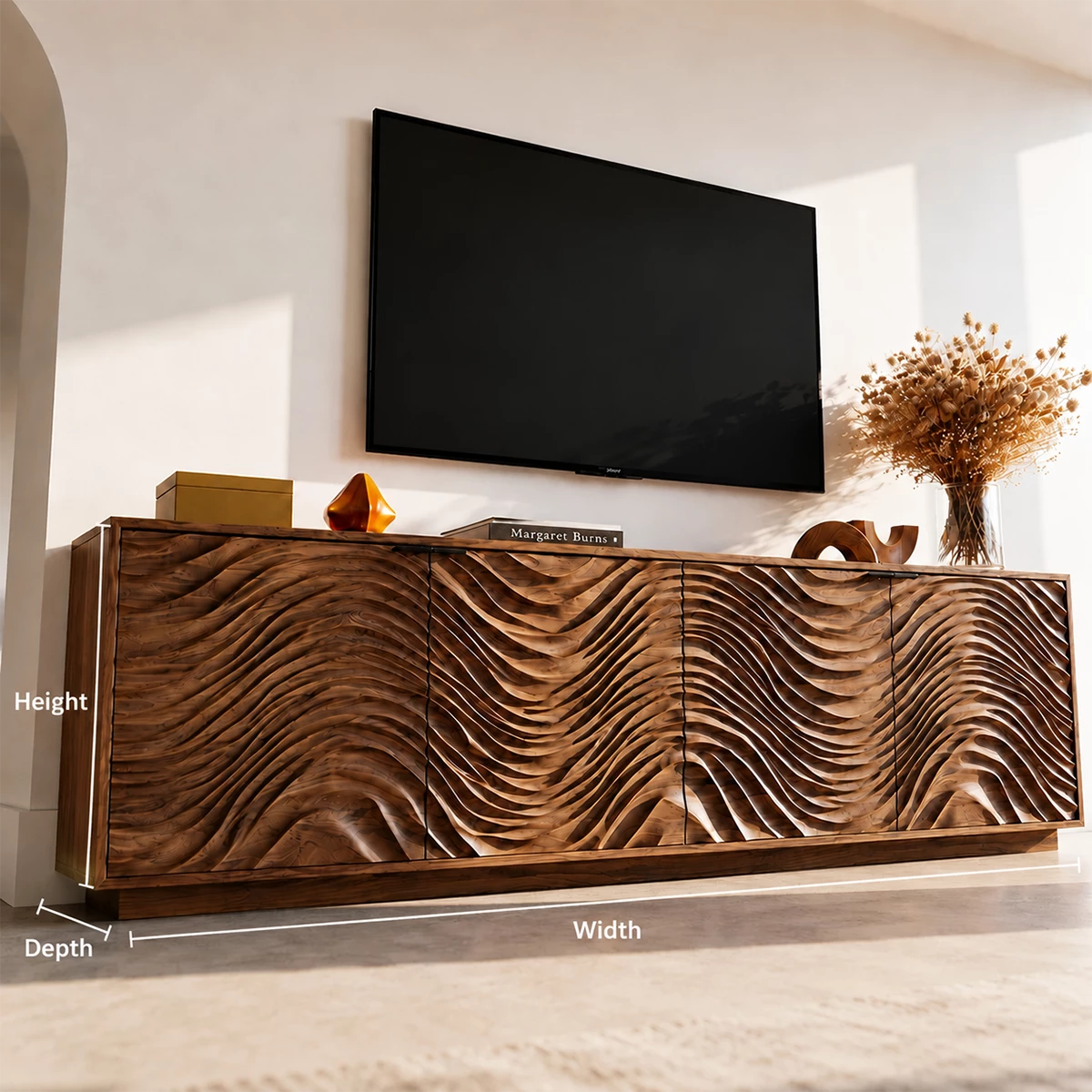Natural Solid Wood TV Stand with Four Carved Doors and Wave Front Design - Livewoodcraft - 9