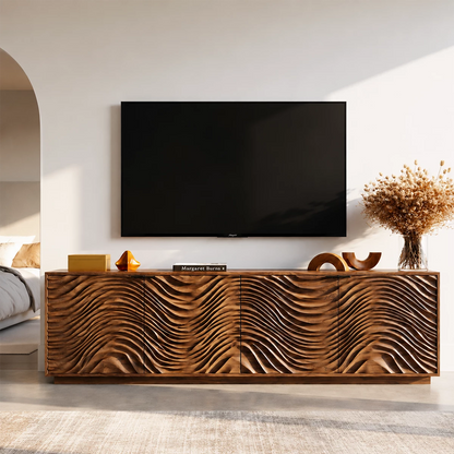 Natural Solid Wood TV Stand with Four Carved Doors and Wave Front Design - Livewoodcraft