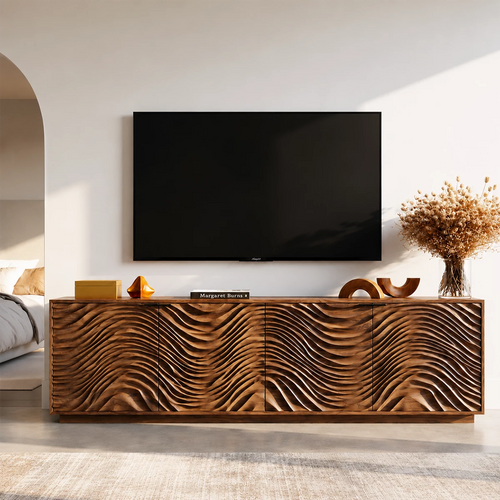 Natural Solid Wood TV Stand with Four Carved Doors and Wave Front Design - Livewoodcraft