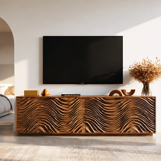 Natural Solid Wood TV Stand with Four Carved Doors and Wave Front Design - Livewoodcraft