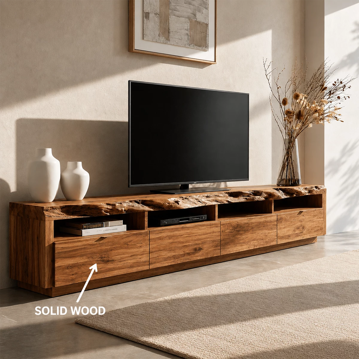 Natural Solid Wood TV Stand with Four Drawers and Open Media Shelves - Livewoodcraft - 10