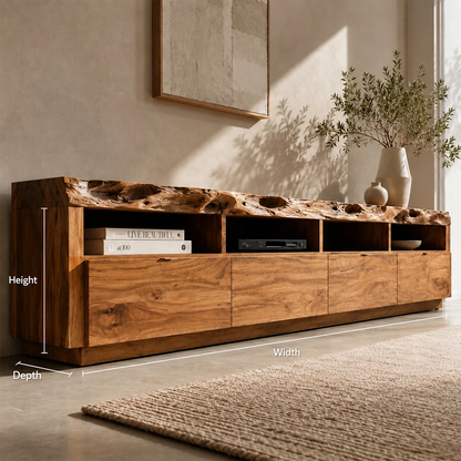 Natural Solid Wood TV Stand with Four Drawers and Open Media Shelves - Livewoodcraft - 11
