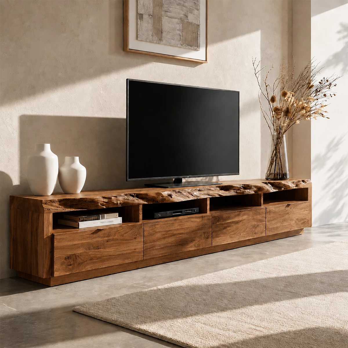 Natural Solid Wood TV Stand with Four Drawers and Open Media Shelves - Livewoodcraft - 2