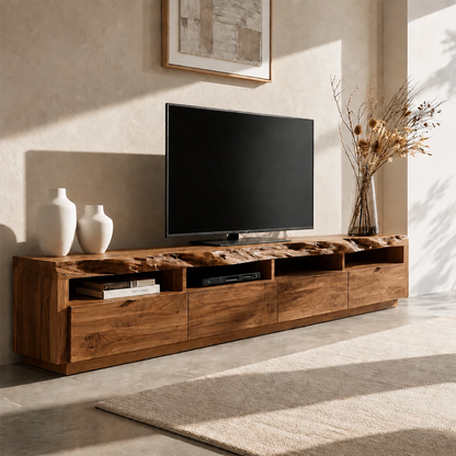 Natural Solid Wood TV Stand with Four Drawers and Open Media Shelves - Livewoodcraft - 2