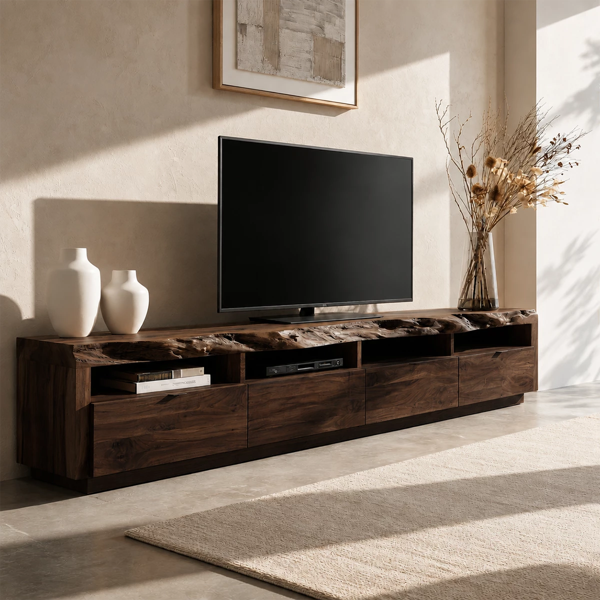 Natural Solid Wood TV Stand with Four Drawers and Open Media Shelves - Livewoodcraft - 3