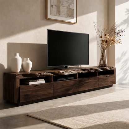 Natural Solid Wood TV Stand with Four Drawers and Open Media Shelves - Livewoodcraft - 3