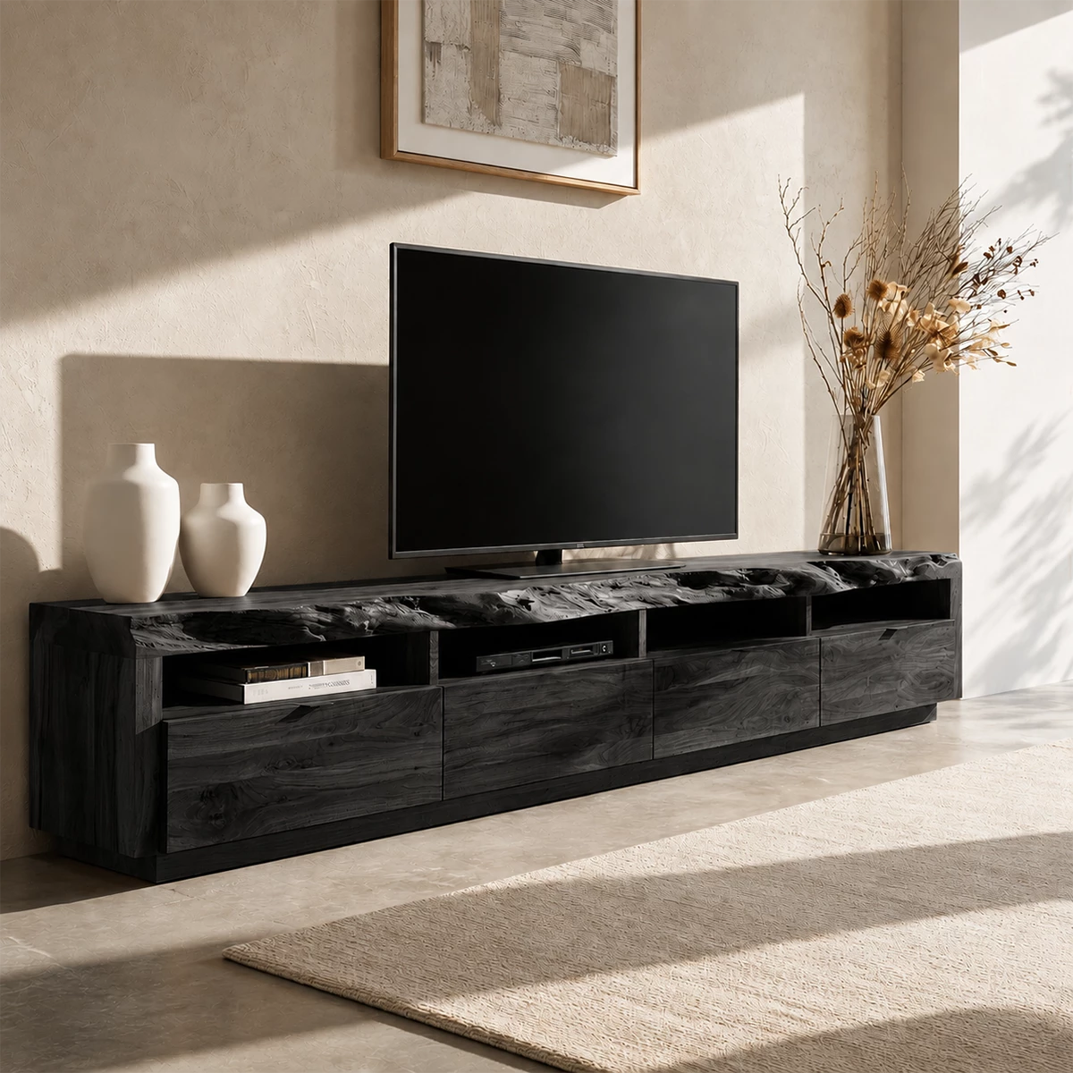 Natural Solid Wood TV Stand with Four Drawers and Open Media Shelves - Livewoodcraft - 4