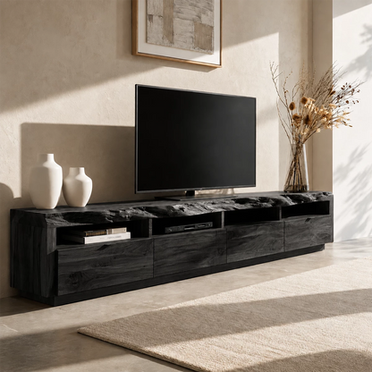 Natural Solid Wood TV Stand with Four Drawers and Open Media Shelves - Livewoodcraft - 4