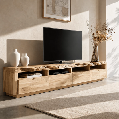 Natural Solid Wood TV Stand with Four Drawers and Open Media Shelves - Livewoodcraft - 5
