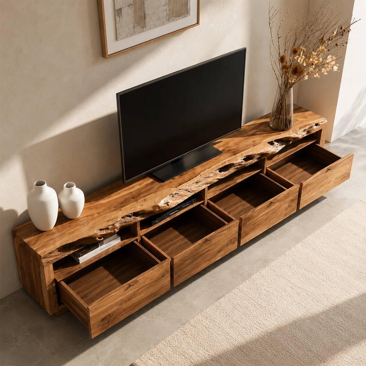 Natural Solid Wood TV Stand with Four Drawers and Open Media Shelves - Livewoodcraft - 6