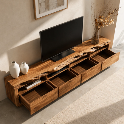 Natural Solid Wood TV Stand with Four Drawers and Open Media Shelves - Livewoodcraft - 6