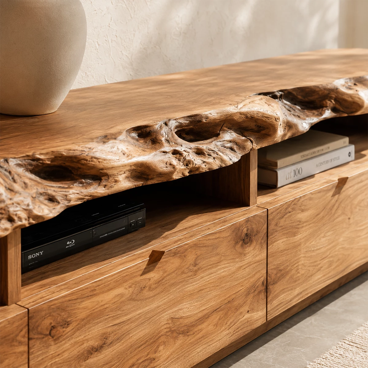 Natural Solid Wood TV Stand with Four Drawers and Open Media Shelves - Livewoodcraft - 7