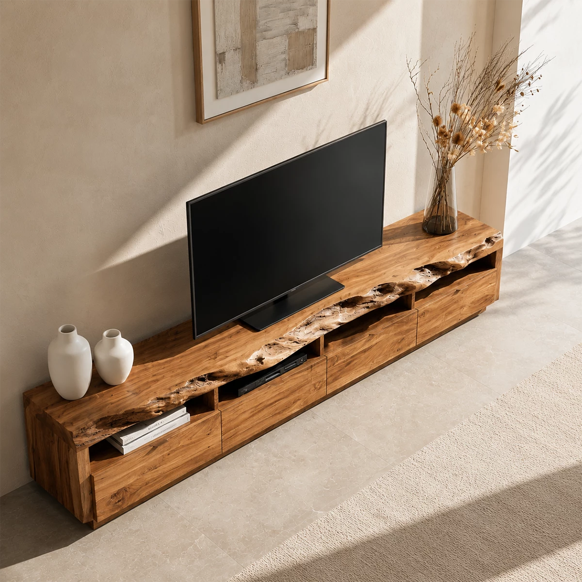 Natural Solid Wood TV Stand with Four Drawers and Open Media Shelves - Livewoodcraft - 8