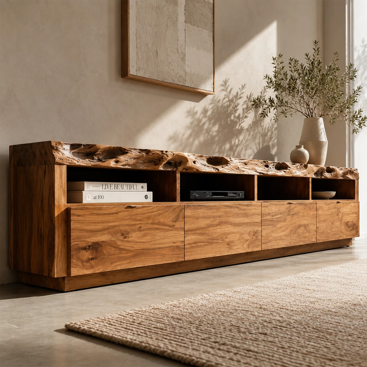 Natural Solid Wood TV Stand with Four Drawers and Open Media Shelves - Livewoodcraft - 9