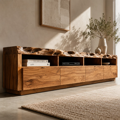 Natural Solid Wood TV Stand with Four Drawers and Open Media Shelves - Livewoodcraft - 9