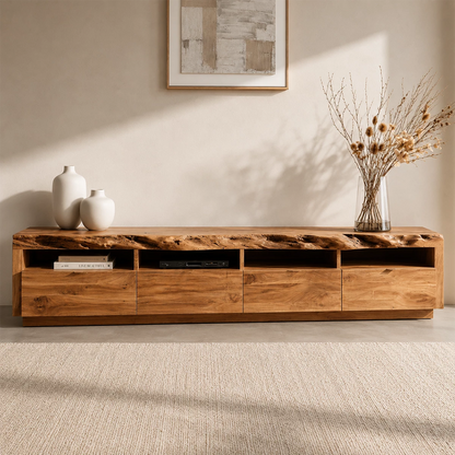 Natural Solid Wood TV Stand with Four Drawers and Open Media Shelves - Livewoodcraft
