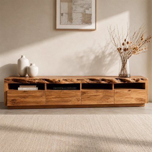 Natural Solid Wood TV Stand with Four Drawers and Open Media Shelves - Livewoodcraft