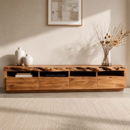 Natural Solid Wood TV Stand with Four Drawers and Open Media Shelves - Livewoodcraft