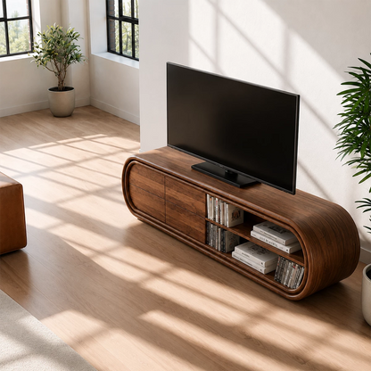 Natural Solid Wood TV Stand with Four Drawers and Rounded Open Shelves - Livewoodcraft - 10