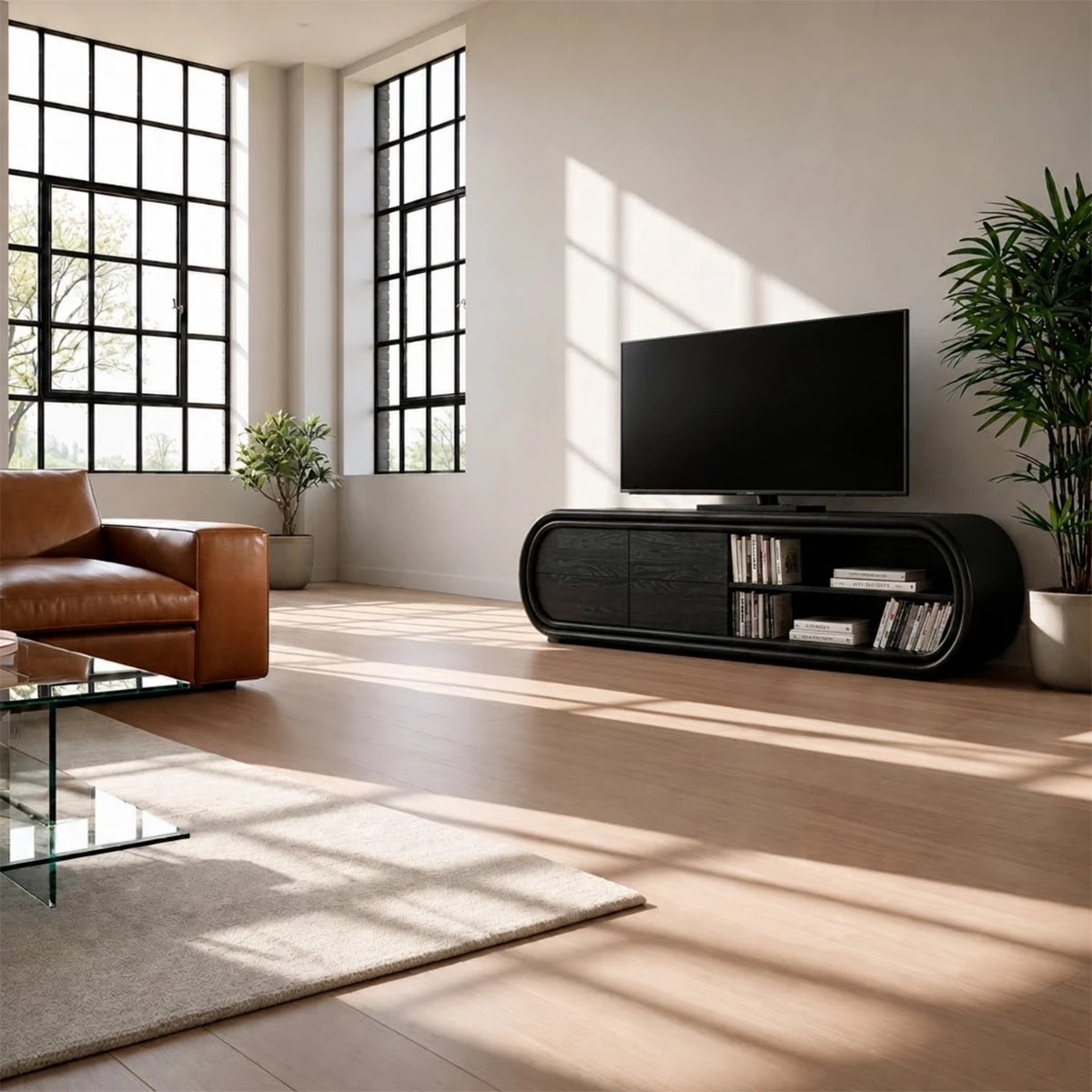 Natural Solid Wood TV Stand with Four Drawers and Rounded Open Shelves - Livewoodcraft - 2
